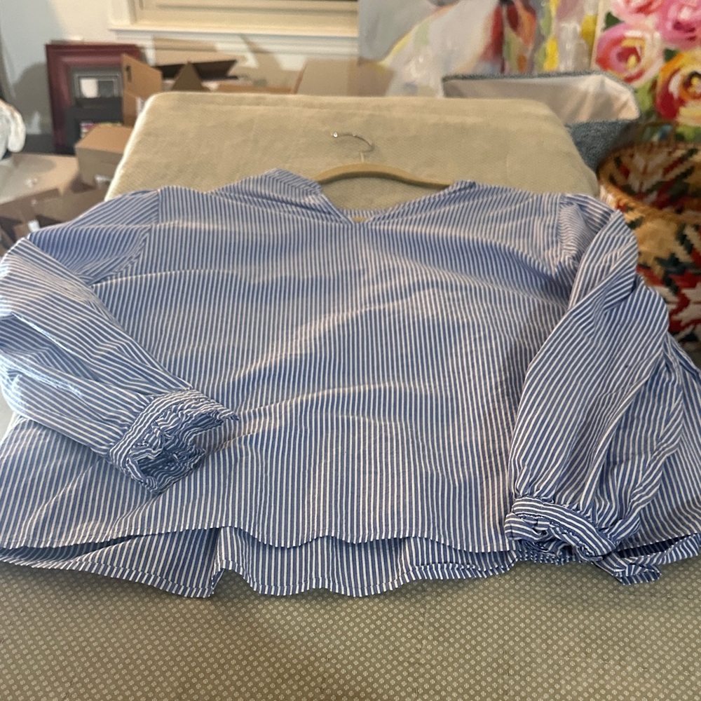 Banana Republic Blue & White Striped V-Neck Blouse